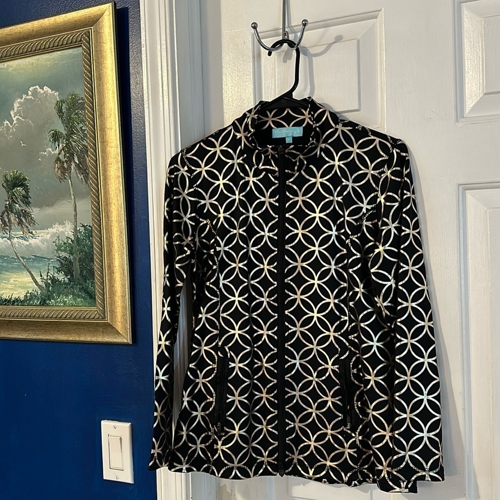 NWOT Anthony’s Black & Gold Nylon & Spandex Geometric Print Long Sleeve Jacket